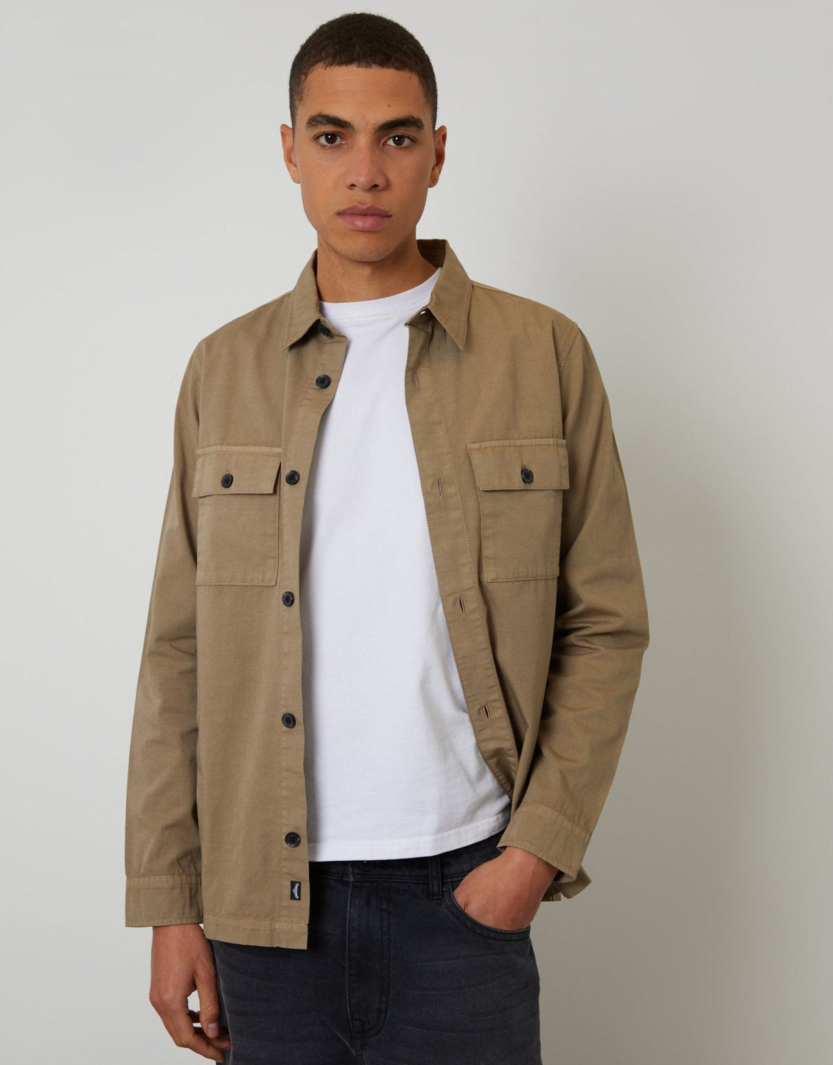 Men's Lightweight Cotton Poplin Shacket in Taupe – view 5