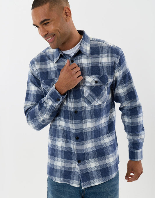 Relaxed Fit Cotton Patch Pocket Shirt in Denim Blue Check by SATRI & CO. – product view 2