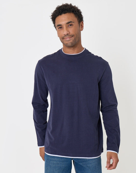 Relaxed Fit Mock Layer Long Sleeve T-Shirt in Navy by SATRI & CO. – product view 2