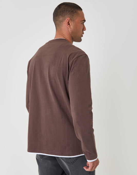 Relaxed Fit Mock Layer Long Sleeve T-Shirt in Chocolate Brown by SATRI & CO. – product view 2