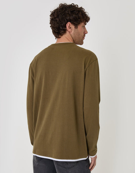 Relaxed Fit Mock Layer Long Sleeve T-Shirt in Khaki by SATRI & CO. – product view 2