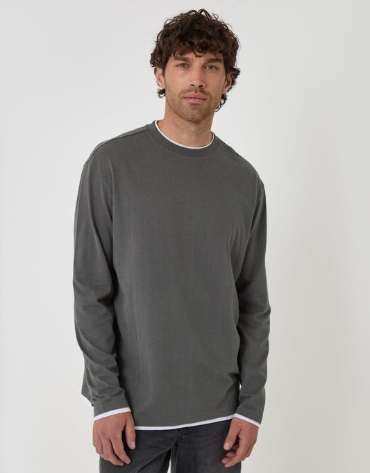Relaxed Fit Mock Layer Long Sleeve T-Shirt in Charcoal by SATRI & CO. – product view 2