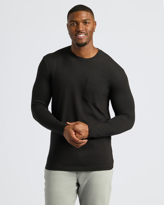 Men's Tall Heavyweight Long Sleeve Pocket Tee 2-Pack – Extra Length, Cotton Blend | Black