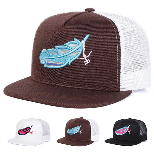 Feathered Outlaw Men's Trucker Baseball Cap – Breathable Mesh, Embroidered Feather Details, Adjustable Fit
