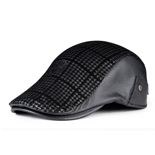 Tiger Men's Plaid Genuine Leather Duckbill Flat Cap – Sheep Leather, Houndstooth Pattern, Three Sizes