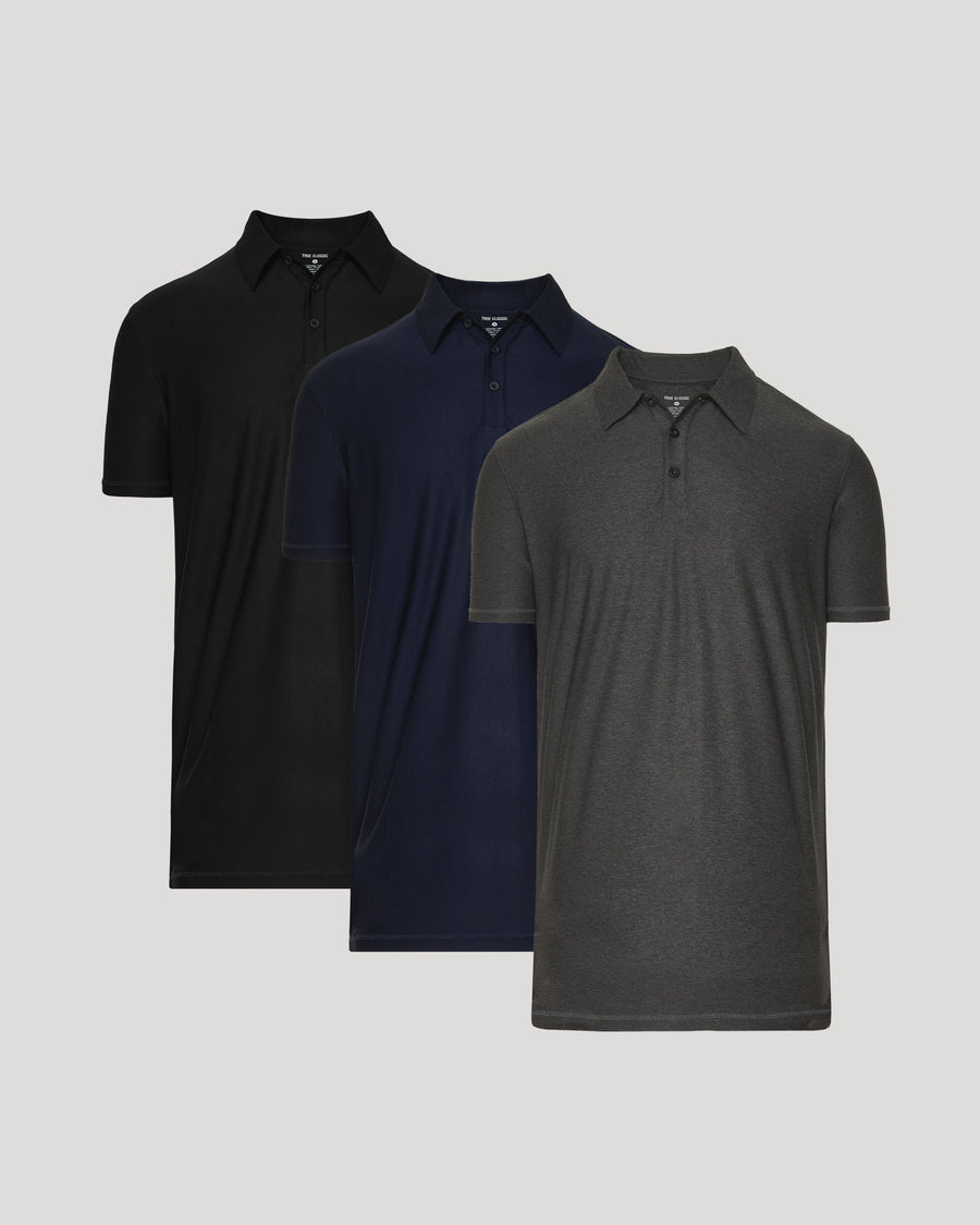 Men's Tall Active Polo Shirt 3-Pack – Short Sleeve, 3-Button Placket, Quick-Dry | Black, Navy & Charcoal Grey