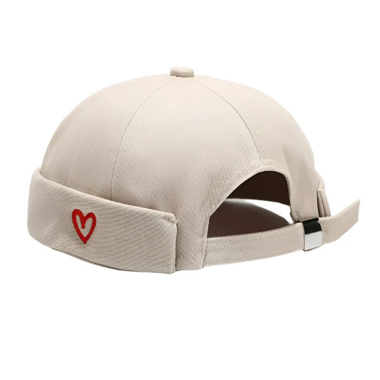 True Love Men's Vintage Cotton Docker Cap – Embroidered Heart Detail, Brimless Rolled Cuff, Adjustable Fit