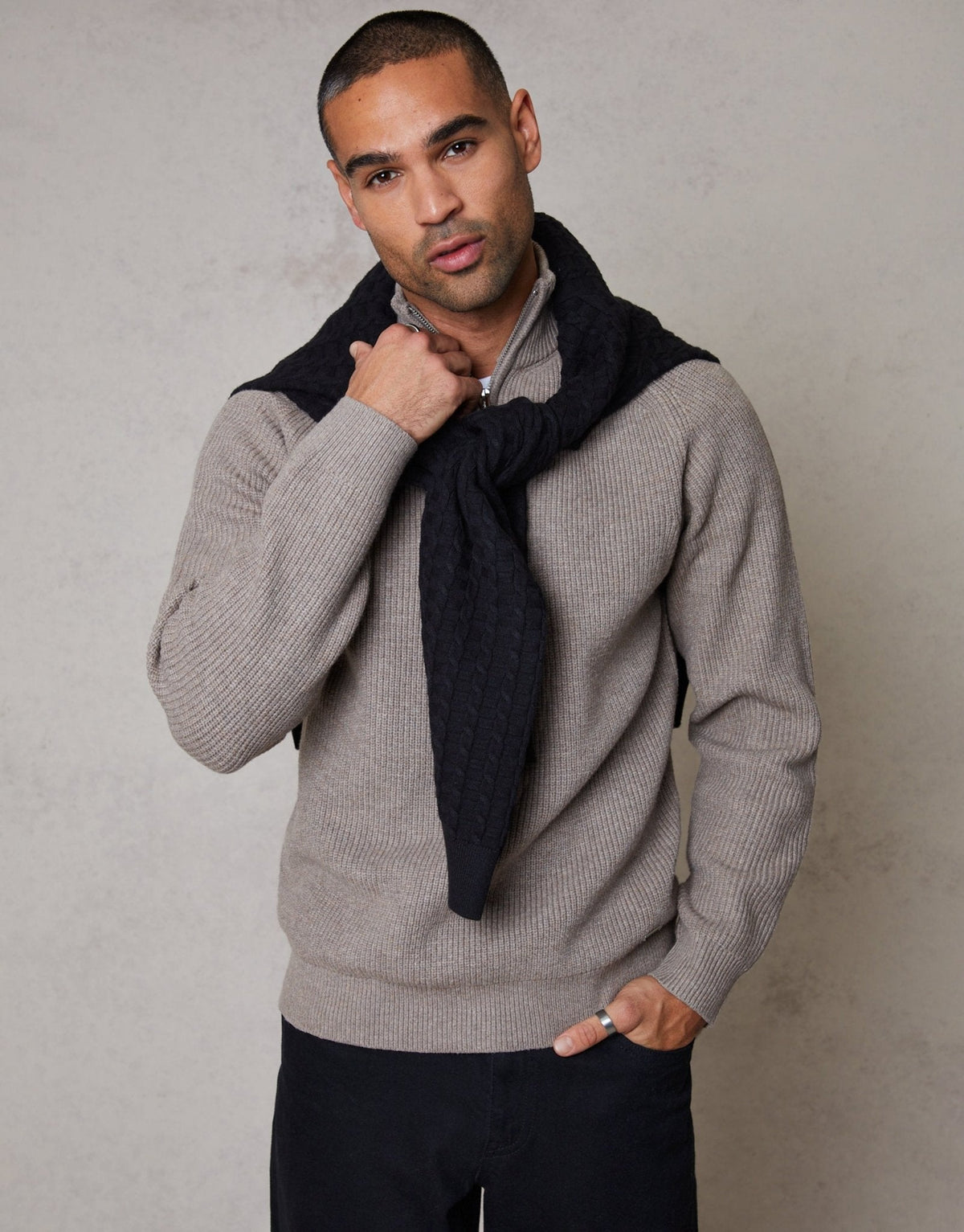 Rib Panel Quarter Zip Knitted Jumper in Taupe by SATRI & CO. – product view 5