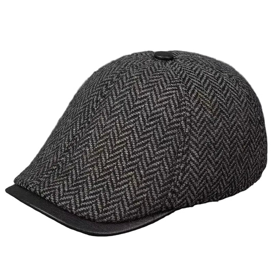 Vancouver Men's Herringbone Wool Duckbill Flat Cap – Genuine Leather Peak, Soft Lining, Three Sizes