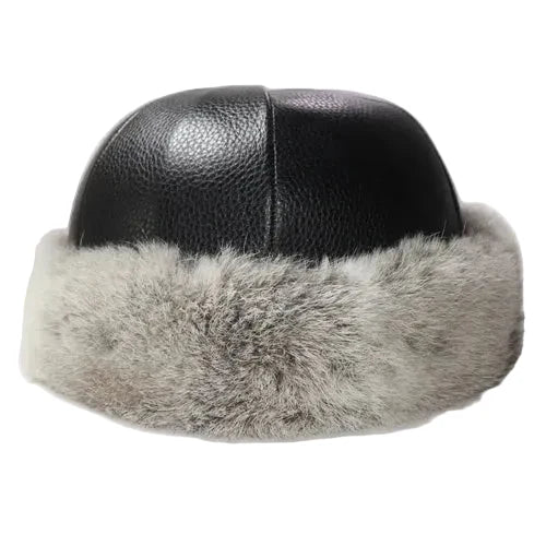 Vermont Men's Rabbit Fur and Genuine Leather Docker Cap – Cowhide, Soft Lining, Inner Adjustable Strap