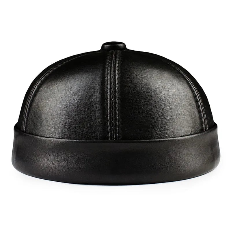 Men's Vintage Genuine Leather Docker Cap – Cowhide Leather, Brimless 6-Panel Crown, Three Sizes