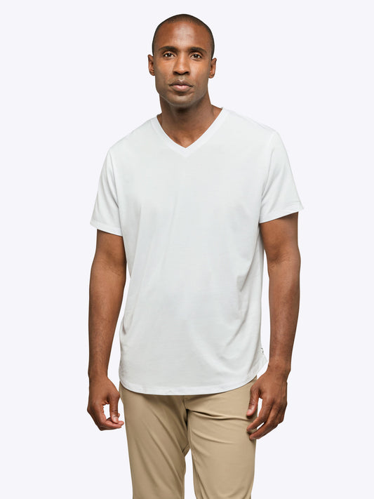 Men's V-Neck Curved Hem T-Shirt – Tailored Fit, Soft Durable Fabric, Reduced Waist Bunching | White