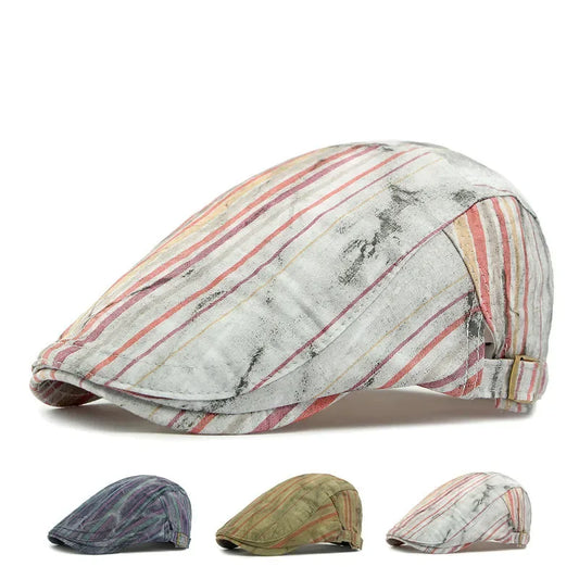 Waterford Men's Distressed Striped Flat Cap – 100% Organic Cotton, Inner Sweatband, Adjustable 55–60 cm