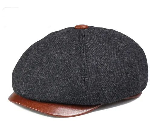 Wayne Men's Herringbone Wool and Leather Newsboy Cap – Genuine Leather Peak, Three Sizes 55–60 cm