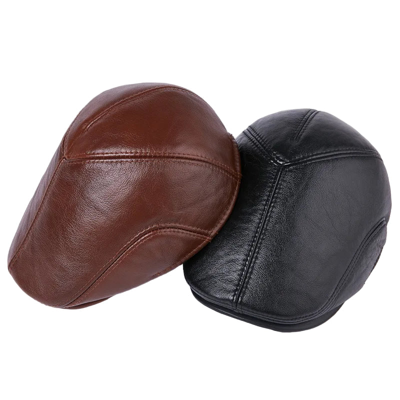 Wexford Men's Genuine Leather Earflap Flat Cap – Cowhide Leather, Cotton Sweatband, Three Sizes