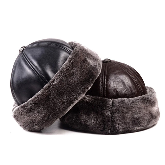 Men's Russian-Style Winter Genuine Leather Docker Cap – Sheepskin and Wool, Fleece Lining, Four Sizes