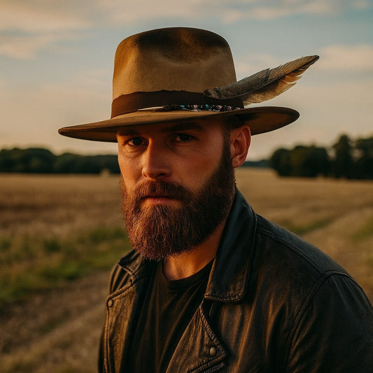 Men's Wool Felt Cowboy Hat with Feather – Wide Brim, Ribbon Band and Structured Crown for Distinctive Western Style