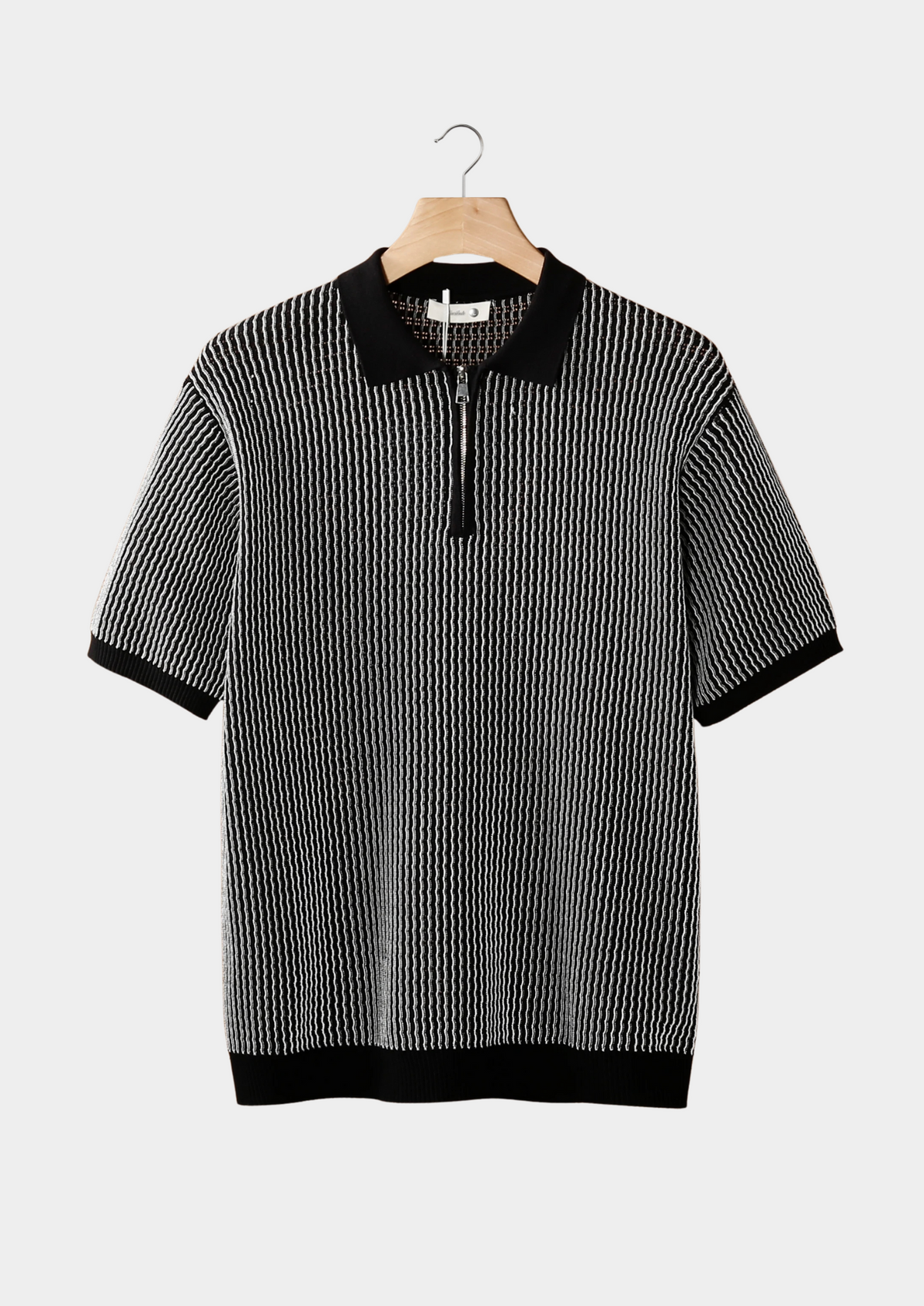 Men's Geometric Textured Half-Zip Knit Polo Shirt in Black – view 1