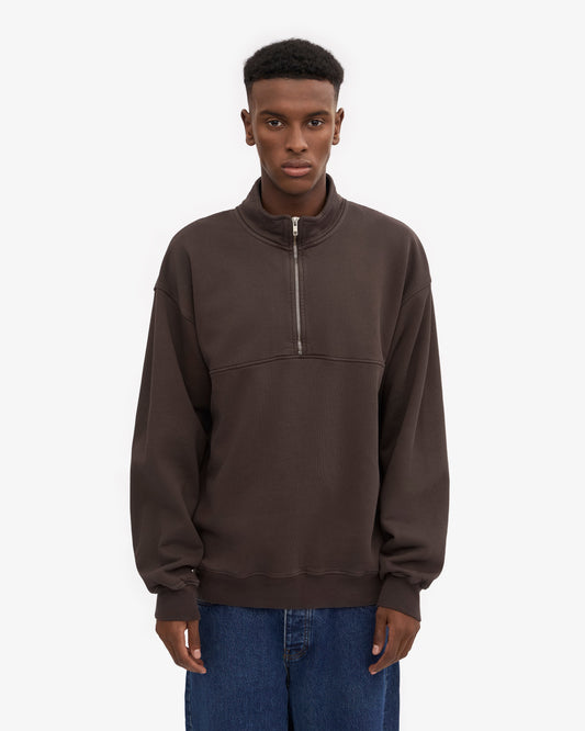 Men's Oversized Organic Cotton Quarter Zip Jumper in Coffee Brown – view 2