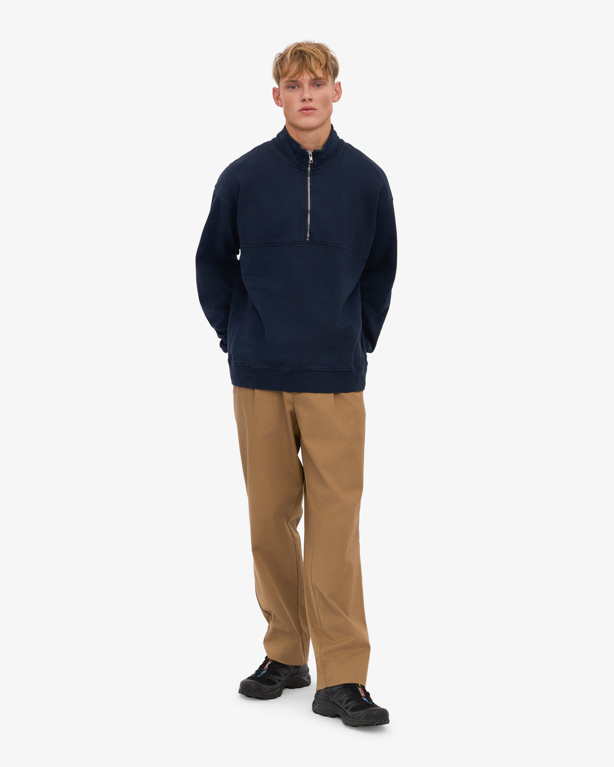 Men's Oversized Organic Cotton Quarter Zip Jumper in Navy Blue – view 5