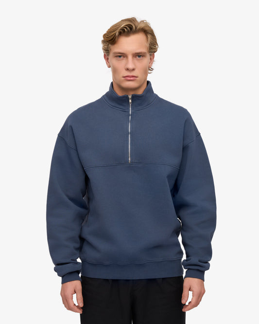 Men's Oversized Organic Cotton Quarter Zip Jumper in Petrol Blue – view 2