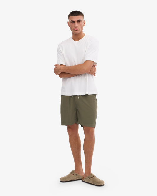 Men's Organic Cotton Twill Shorts – Garment Dyed, Adjustable Elasticated Waistband, Tailored Fit | Dusty Olive