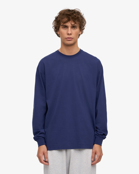 Men's Organic Cotton Oversized Long Sleeve T-Shirt – Garment Dyed, Dropped Shoulders, Boxy Cut | Marine Blue