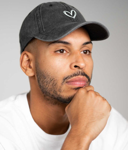 Drawn Heart Men's Embroidered Washed Cotton Baseball Cap in Black – view 2