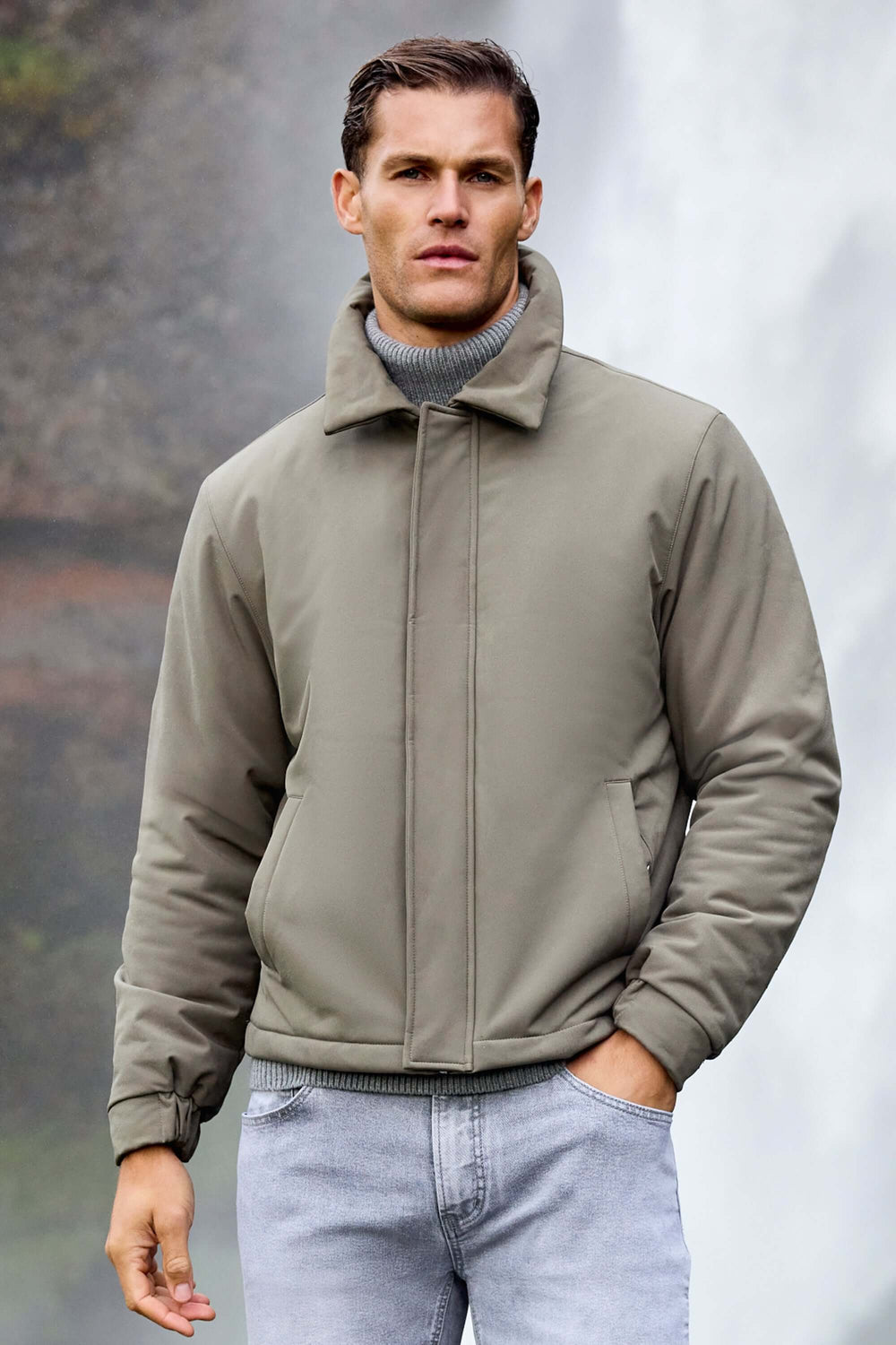 Ermal Men's Padded Coach Jacket – Matte Stretch Fabric, Snap-Button Closure, Shirt Collar and Inside Pocket