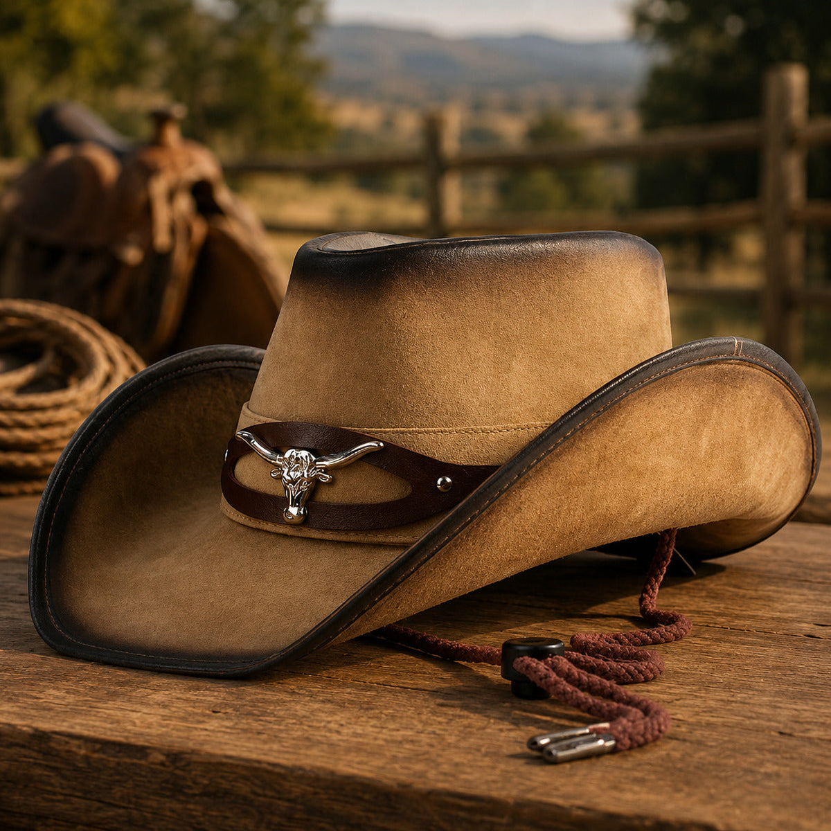 Men's Suede-Finish Cowboy Hat with Bull Head Ornament – 9 cm Curved Brim, Chin Strap, Adjustable | Brown