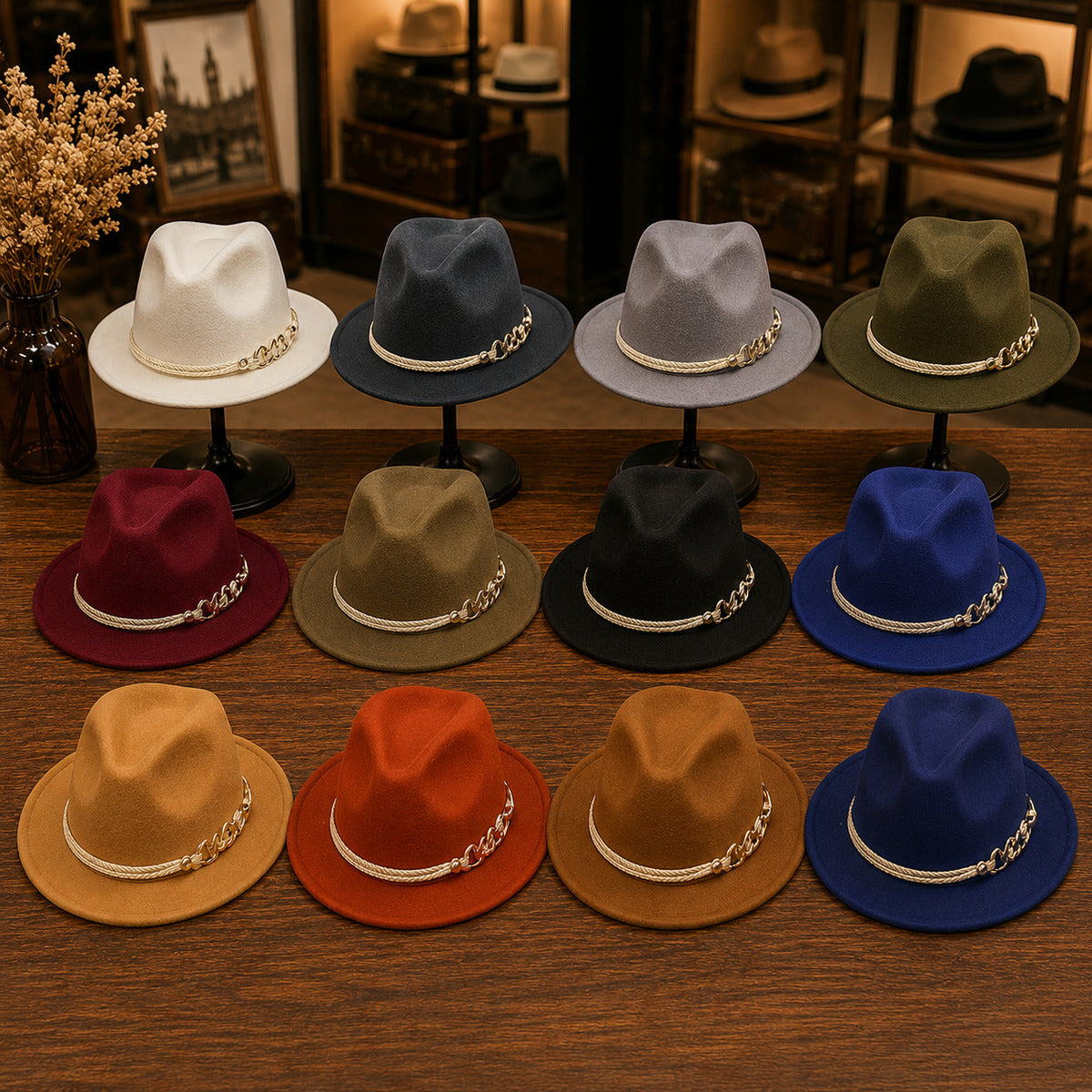 Men's Fedora Hat with Rope Band and Chain Accent – Cotton and Polyester Blend, Wide Brim, Two Sizes – view 3