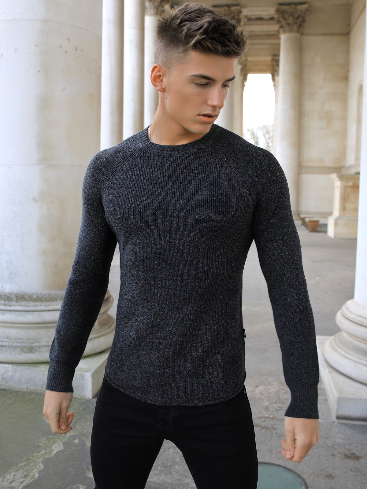 Olton Men's Brushed Knit Crew Neck Jumper in Charcoal – view 3