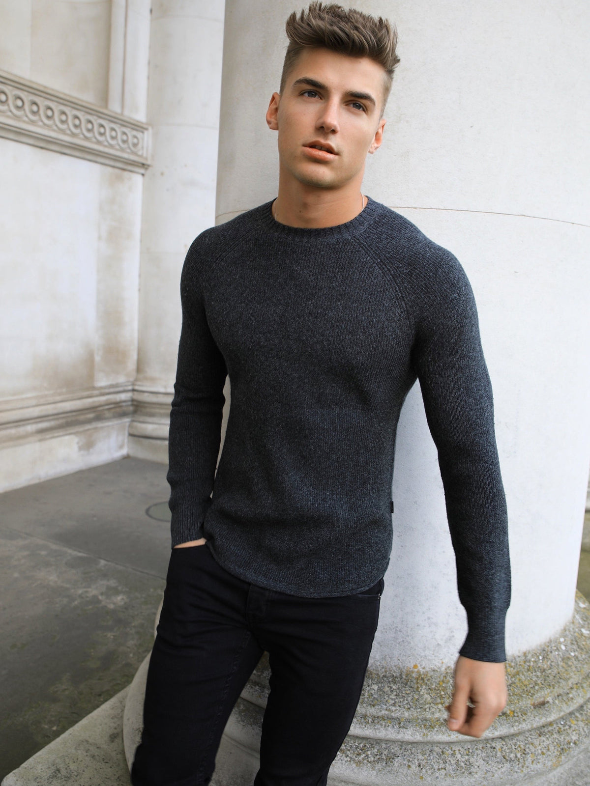 Olton Men's Brushed Knit Crew Neck Jumper in Charcoal – view 4
