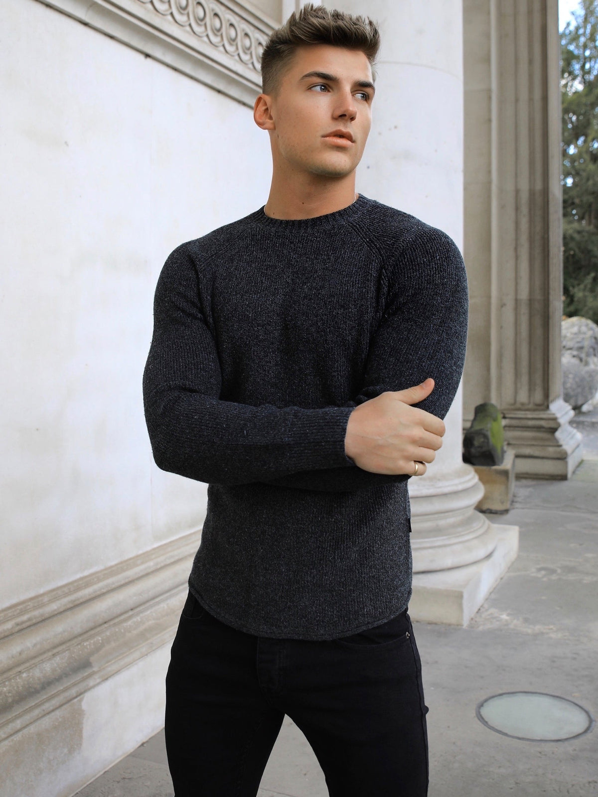 Olton Men's Brushed Knit Crew Neck Jumper in Charcoal – view 6