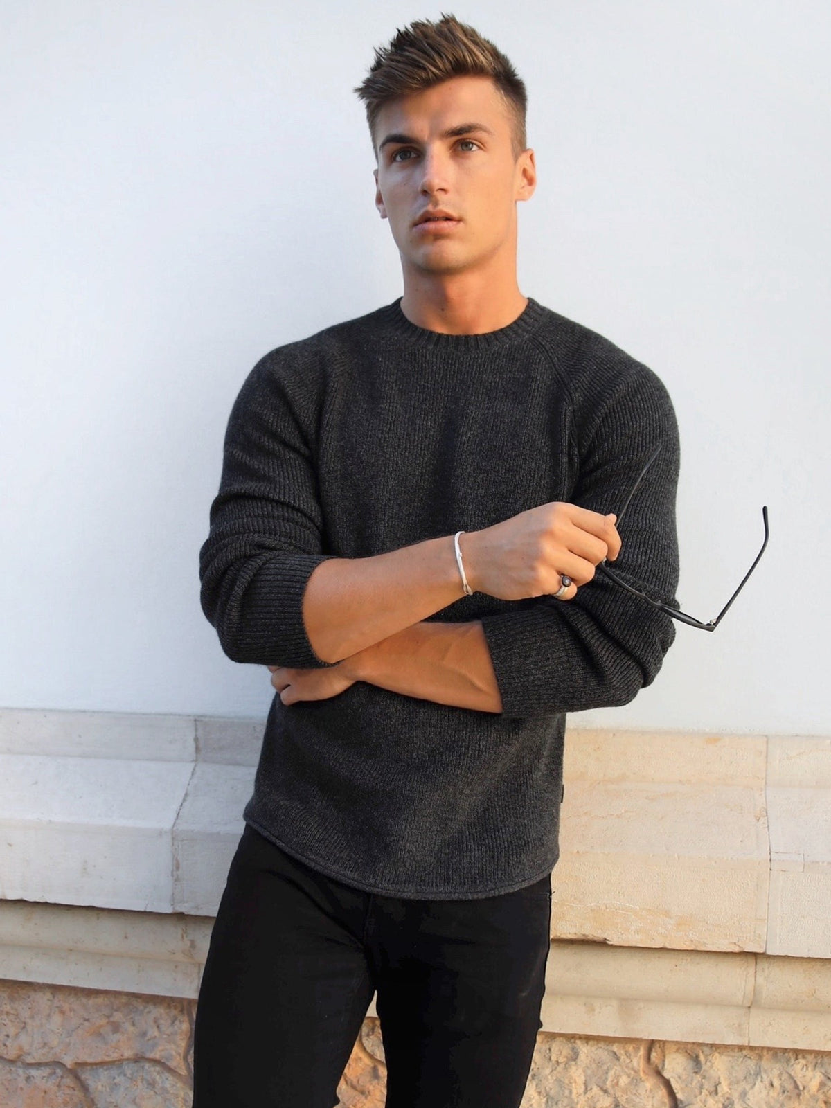 Olton Men's Brushed Knit Crew Neck Jumper in Charcoal – view 1