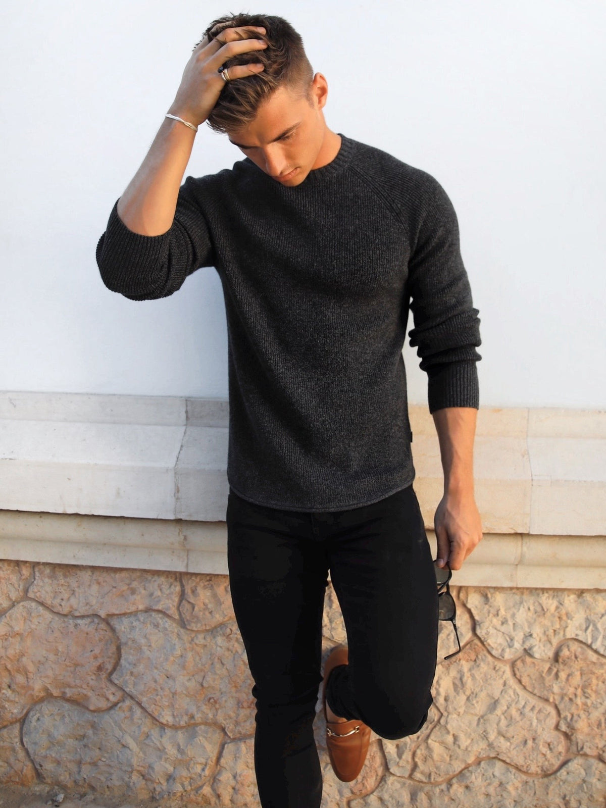 Olton Men's Brushed Knit Crew Neck Jumper in Charcoal – view 2