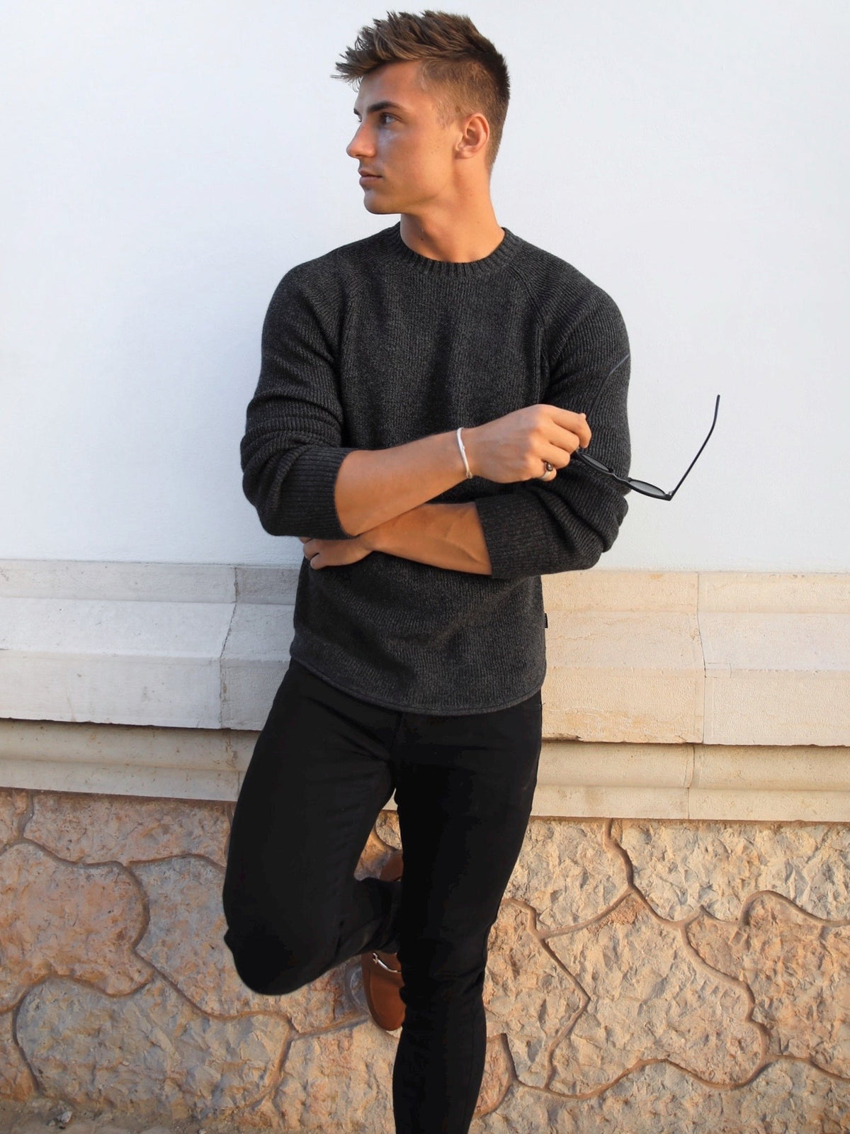 Olton Men's Brushed Knit Crew Neck Jumper in Charcoal – view 5