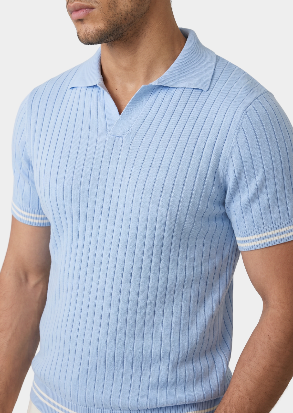 Men's Ribbed Knit Buttonless Polo Shirt in Light Blue – view 3