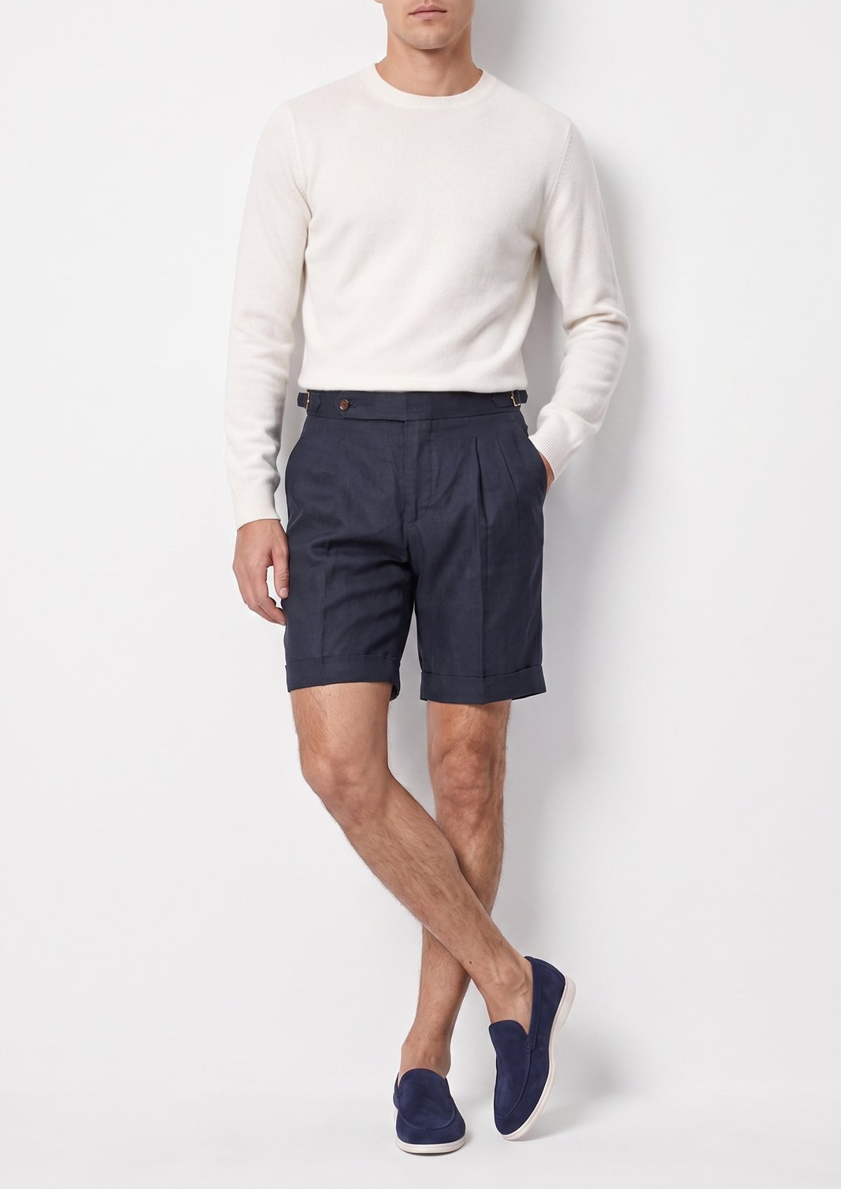 Men's Pleated Linen Seaside Shorts in Navy Blue – view 4