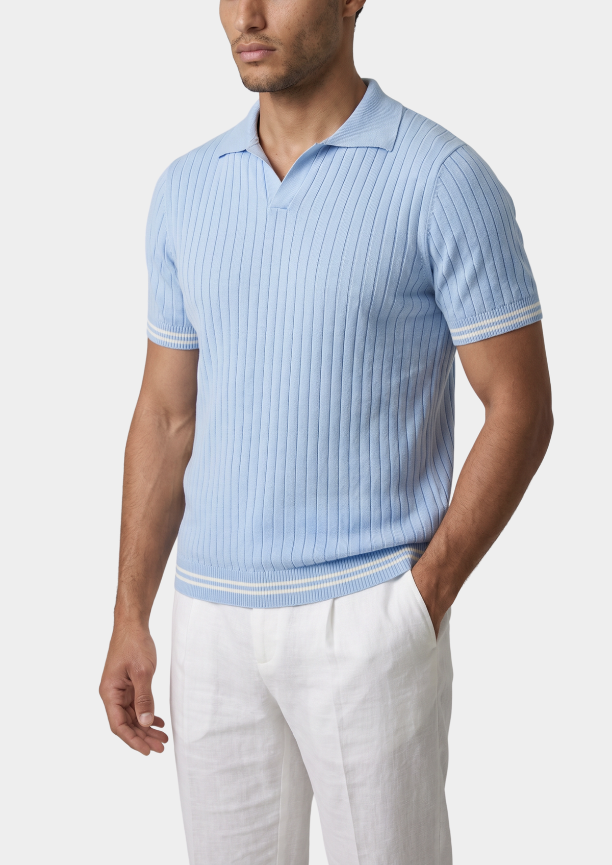Men's Ribbed Knit Buttonless Polo Shirt in Light Blue – view 1