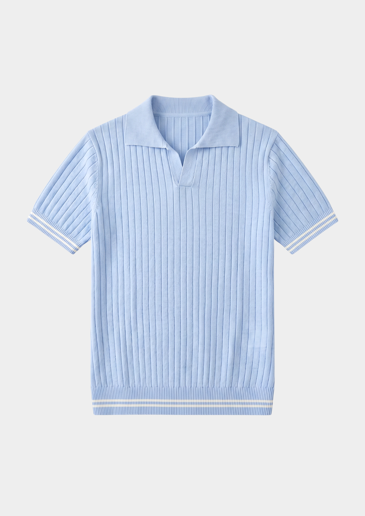 Men's Ribbed Knit Buttonless Polo Shirt in Light Blue – view 2