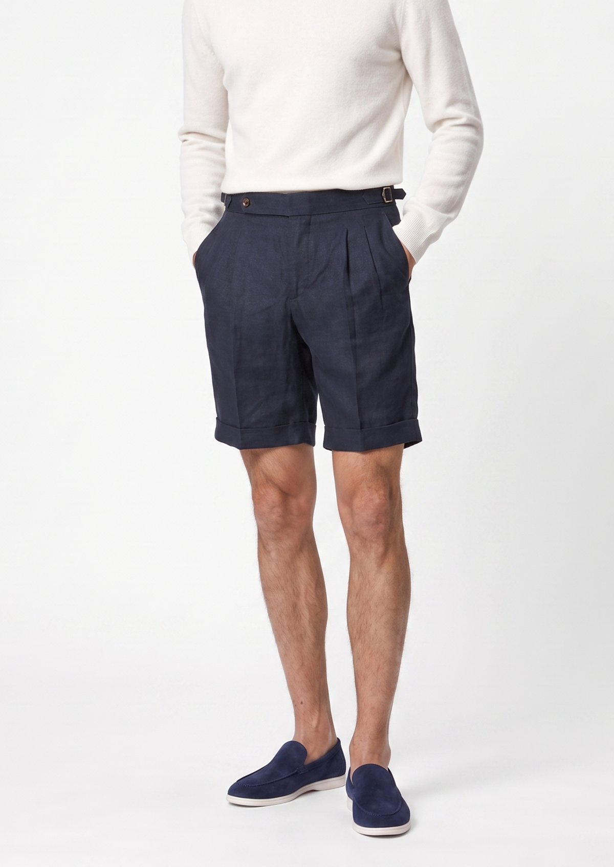 Men's Pleated Linen Seaside Shorts in Navy Blue – view 6