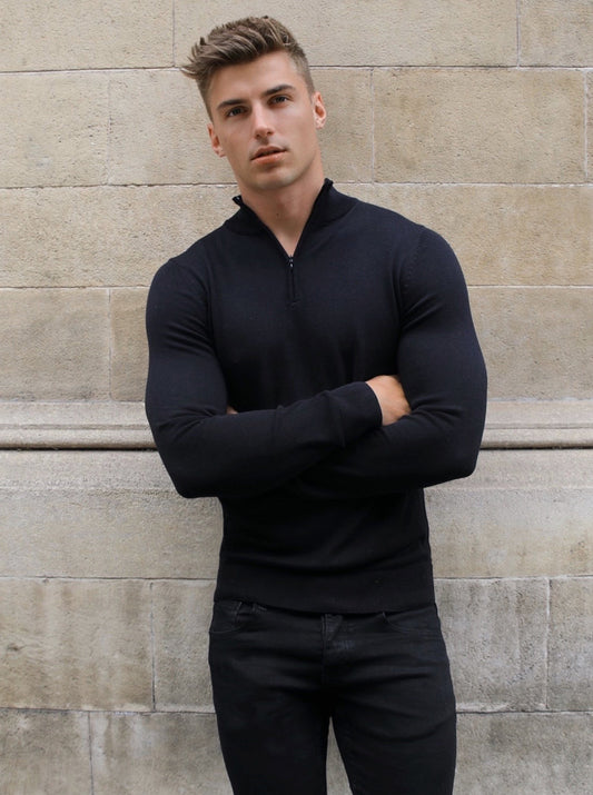 Oxbridge Men's Fine Knit Quarter Zip Jumper in Black – view 1
