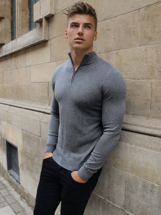 Oxbridge Men's Fine Knit Quarter Zip Jumper in Charcoal – view 1