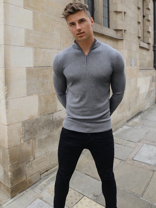 Oxbridge Men's Fine Knit Quarter Zip Jumper in Charcoal – view 2