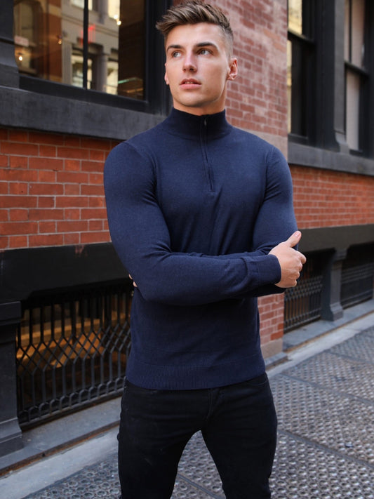 Oxbridge Men's Fine Knit Quarter Zip Jumper in Navy – view 2
