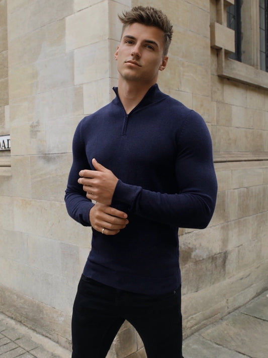Oxbridge Men's Fine Knit Quarter Zip Jumper in Navy – view 1