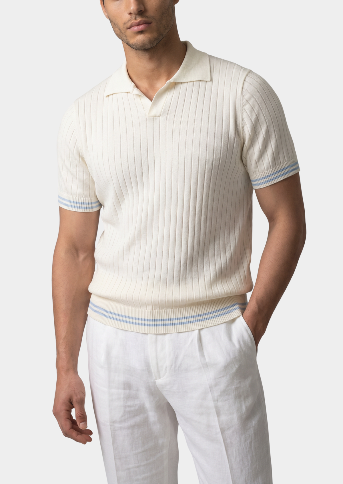 Men's Ribbed Knit Buttonless Polo Shirt in Ivory – view 1