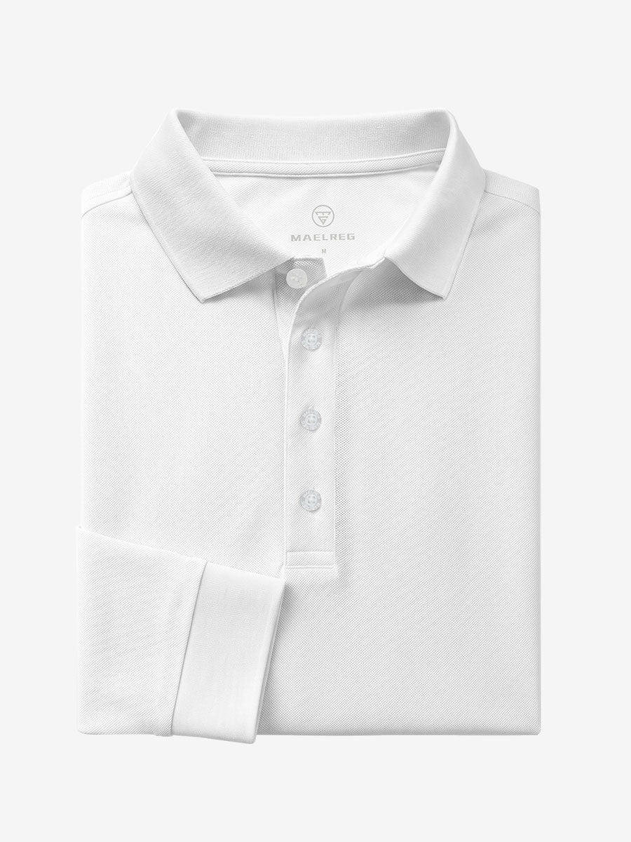 Men's Stretch Cotton Piqué Long Sleeve Polo Shirt – No-Curl Collar, Four-Button Placket, Quick-Dry