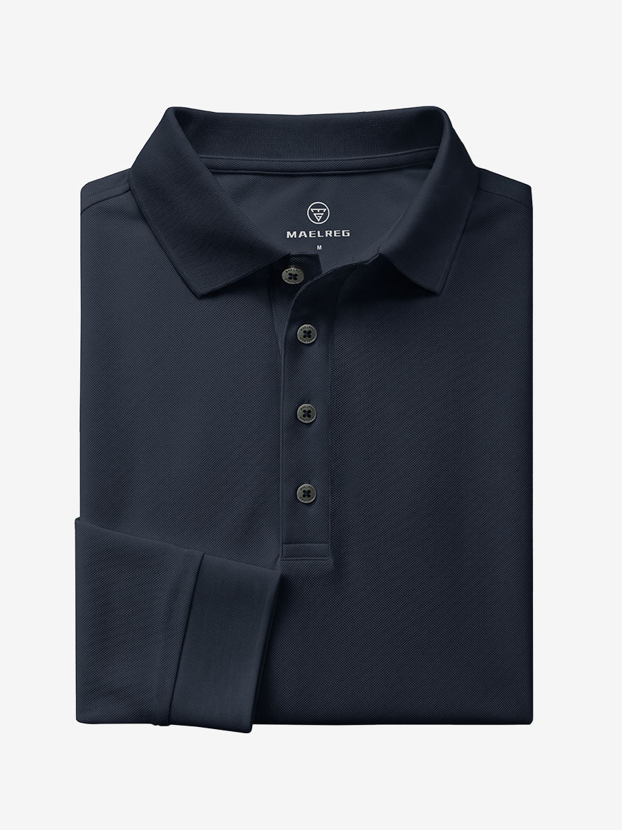 Men's Stretch Cotton Piqué Long Sleeve Polo Shirt – No-Curl Collar, Four-Button Placket, Quick-Dry